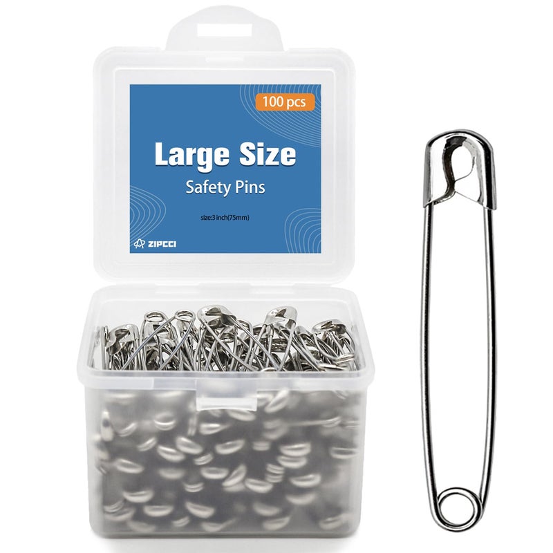 ZIPCCI 3 Inch Large Safety Pins - 100 Pcs Heavy Duty Steel Wire Pins (Large Size) - Image 1